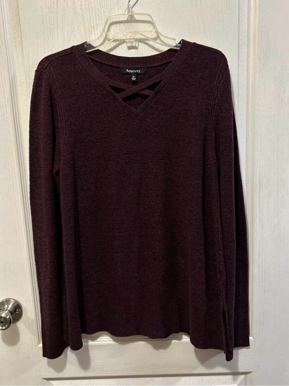 Relativity Crisscross V-Neck Sweater in Plum Size: XL